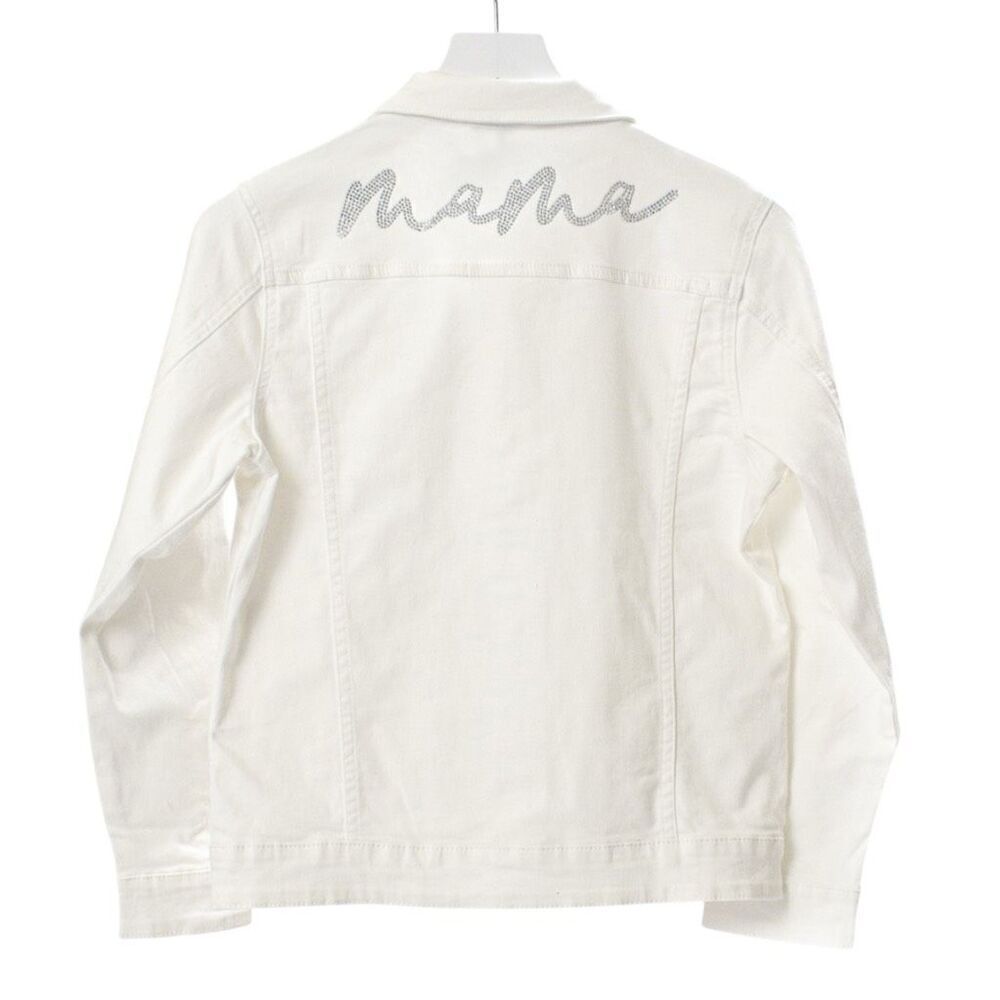 Le La Lo Mama Bling Denim Jacket Large NWT White Rhinestone Beaded Motherhood